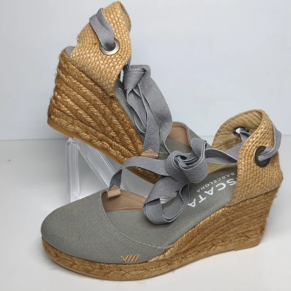 Viscata Sagaro Gray canvas espadrille wedge w/ ankle ties woman size 5.5-6 EU 36